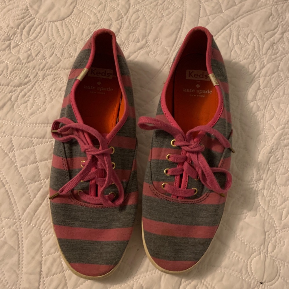 Kate Spade Keds Pink and Gray stripe Size 8
